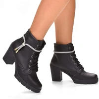 Imagem da promoção Coturno Feminino Bota Salto Alto Plataforma Preto Brilho Strass Cadarço Enfeite Removível Tendencia