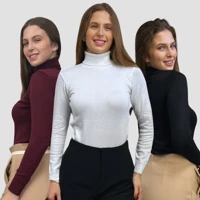 Imagem da promoção Kit 3 Blusas De Frio Feminina Cacharrel Tricô Manga Longa Botão Elastano Lã