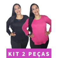 Imagem da promoção Kit 2 Blusa Feminina Plus Size Manga Longa Tapa Bumbum Frio Sobre Legging Academia Mullet