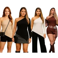 Imagem da promoção Kit 2 Blusas Feminina Assimétricas Canelada Blusa Mula Manca Moda Casual Elegante Outono Inverno