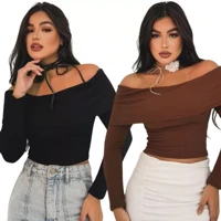 Imagem da promoção Kit 2 Blusa Canelado Manga Longa Feminino Moda Gringa Estiloso Basico Festa