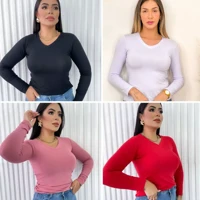 Imagem da promoção Kit 4 Blusa Feminina Gola V Manga Longa Segunda Pele Blusinha Basica Tshirt