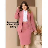 Imagem da promoção Blazer Feminino PlusSize + Saia E Cinto Botao Crepe Tendencia Moda Evangelica Social Fardamento Luxo