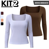 Imagem da promoção Kit 2 Blusa Manga Feminina Longa Decote Quadrado de Suplex Básica