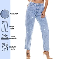 Imagem da promoção Calça Mom Jeans Com Pérola Strass Cintura Alta Feminina Levanta Bumbum