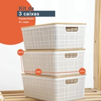 Imagem da promoção Kit 3 caixas organizadoras com tampa de bambu multiuso 4L brancas - Oikos