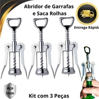 Imagem da promoção Kit 3 Abridor De Garrafas E Saca Rolhas De Vinhos Aço Inox Utensílio Cozinha Restaurante Buffet