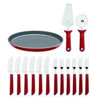 Imagem da promoção Kit Pizza Faqueiro Tramontina Lâminas Aço Inox e Cabos Polipropileno Vermelho 14 Peças + Forma