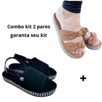 Imagem da promoção Kit 2 Pares Sandália Anabela Plataforma Feminina Com Dois Laços + Anabela Com Pingente Maça