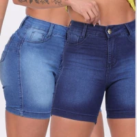 Imagem da promoção Kit 2 Bermudas Meia Coxa Jeans Feminina Lycra Empina Bumbum Cintura Alta