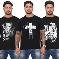 Imagem da promoção Kit 03 Camiseta Masculina Camisa Blusa Fé Gratidão Jesus Leão Abençoado