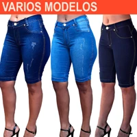 Imagem da promoção Bermuda Jeans Feminina Ciclista Lycra Elastano Tradicional Até o Joelho Cintura Alta