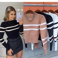 Imagem da promoção Blusa Feminina De Frio Listrada Modal Tricot Inverno Blusa Cropped Tendência Blogueira Manga Longa n