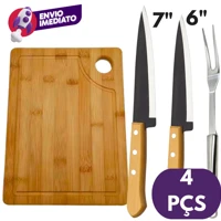 Imagem da promoção Kit Churrasco 04 Pç Garfo Trinchante Inox Tábua Corte Em Madeir