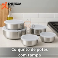 Imagem da promoção Kit 5 Tigelas Inox Com Tampa Potes Redondos 285ml a 1430ml Jogo de Pote Hermético Cozinha