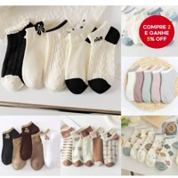 Imagem da promoção Conjunto com 5 Pares de Meias Femininas - Estampas de Animais e Flores, Algodão Respirável, Estilo C