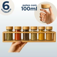 Imagem da promoção Kit 6 Potes De Vidro Porta Tempero Condimentos 100ml Com Suporte E Tampa Em Bambu