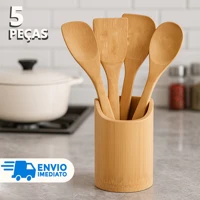 Imagem da promoção Kit 5 Utensilio de Cozinha de Bambu Colher De Pau (4 talheres + suporte) Casa Colheres Madeira