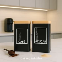 Imagem da promoção Kit 2 Latas Café Açúcar Potes Organizadores Tampa Amadeirada Preto Cozinha Moderna Decorativa 2