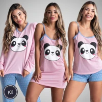 Imagem da promoção Kit Pijama Feminino Linha Noite – Camisola Curta Modal Estampada + Short Doll – Alcinha Inverno