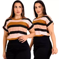 Imagem da promoção Blusa Camiseta T-shirts Básica Minimalista Listrada Tendencia 2025 Manga Dobrada Listra Larga Modern