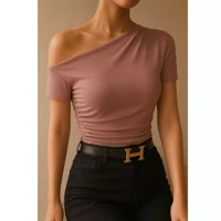 Imagem da promoção Blusa Feminina Ombro a Ombro em Suplex Feminina Simples Casual Assimétrico
