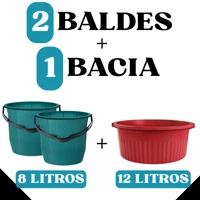 Imagem da promoção Kit 2 Baldes 8 Litros com Alça + Bacia 12L – Plástico Resistente / Cores Sortidas