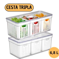 Imagem da promoção Kit 2 Organizador de Geladeira 6,8 Litros Com 3 Cesto Tampa Multiuso Alimentos Verduras e Vegetais