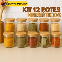 Imagem da promoção Kit 12 Potes de Vidro 200ml com Tampa de Bambu Hermético Mantimentos Condimentos Empilhaveis