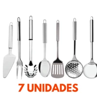Imagem da promoção Kit 7 Utensílios para Cozinha Inox Espátula Concha Escumadeira Colher Pegador Massa Garfo Trinchante