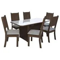 Mesa de Jantar 6 Cadeiras Retangular Indekes - Cristal Noce, Off White e Linho em oferta na Magazine Luiza