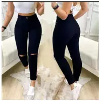 Imagem da promoção Calça Jeans Skinne Preta Cintura Alta Detalhe Rasgado Joelhos Corte Do Jeans Moderno Moda Feminina C