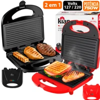 Imagem da promoção Sanduicheira Antiaderente Grill 2 em 1 Preta - vermelha Elétrica 750w 127v - 220V Kian Automatica