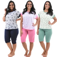 Imagem da promoção Kit 3 Pijamas Capri Pescador Bermudão Feminino Malha Manga Japonesa