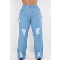 Imagem da promoção Calça Wide Leg Plus Size Jeans Feminina Cintura Alta Pantalona Lovito Sem Lycra