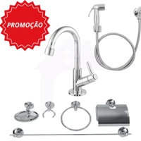 Imagem da promoção Kit Banheiro Acessórios 7 peças Metal Inox com Ducha Higiênica + 1 Torneira bancada Banheiro