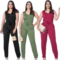 Imagem da promoção Conjunto Calça Com Bolso e Blusa Regata Botão Malha Crepe Moda Feminina Plus