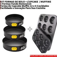 Imagem da promoção Kit Formas Fundo Removível Antiaderente Bolos + Forma de Cupcake Muffin 12 e 6 Cavidades Teflon Top