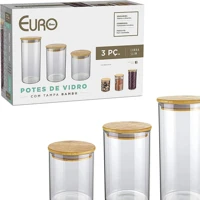 Imagem da promoção Conjunto com 3 Potes de Vidro transparente Slim com tampa Bambu, VDR6804-3, Euro Home