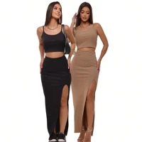 Imagem da promoção KIT 2 Conjunto Feminino Cropped Canelado e Saia Longa com Fenda – Justo, Estiloso e Confortável