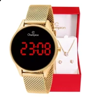 Imagem da promoção Relógio Champion Feminino Digital Led Dourado Vermelho + Kit Colar e Brincos Original CH40133V
