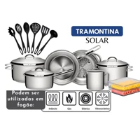 Imagem da promoção Jogo de Panelas Tramontina Solar Aço Inox Indução Fundo Triplo 13 Pçs Porta Frios Utensílios Cozinha