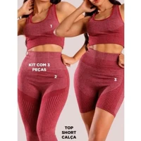 Imagem da promoção Kit 3 Peças Top + Short + Calça legging leg Feminino Canelado Poliamida Grossa Esportivo Importado