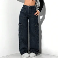 Imagem da promoção Calça Cargo Jeans Feminina Bolso Lateral Cintura Alta Wide Leg Pantalona