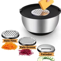 Imagem da promoção Kit Inox Luxo Profissional Bowl Ralador Tigela com Alça e 3 Discos Tampa Hérmetica Emborrachada