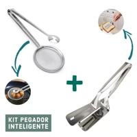 Imagem da promoção Kit 2 Pegador Inox Fritura Escumadeira Pinça Peneira + Espátula Dupla Para Carne Ovo Pizza Cozinha